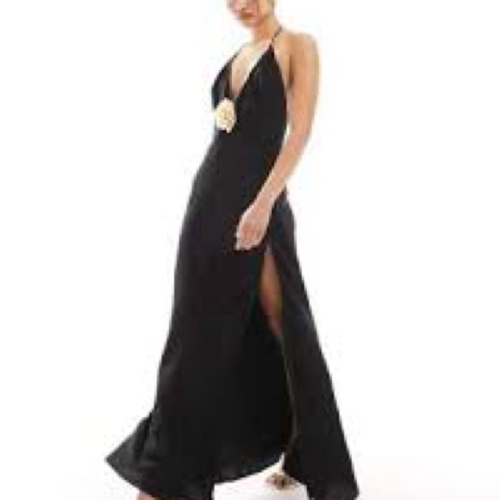 Bardot Corsage Black Halter Maxi Dress with white flower